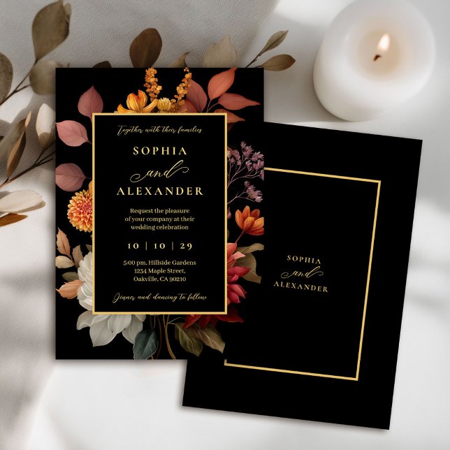 Invitación Elegante Boda floral negro y de otoño (Subido por el creador)