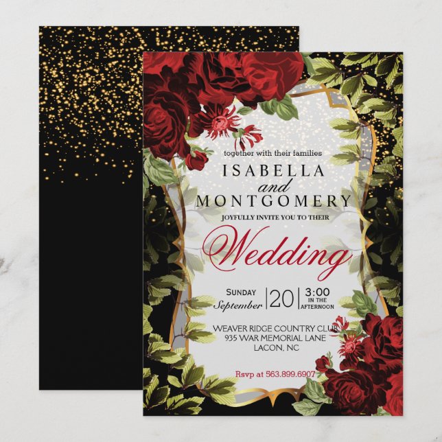 Invitación Elegante Boda floral negro y rojo (Anverso / Reverso)