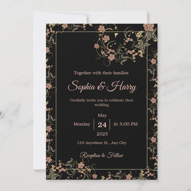 Invitación Elegante Boda floral negro y rosa de té (Anverso)