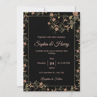 Invitación Elegante Boda floral negro y rosa de té