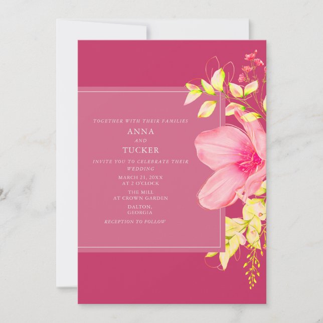 Invitación Elegante Boda floral neón rosado (Anverso)