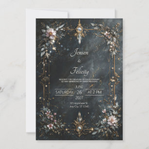 Invitación Elegante boda floral nocturna en azul marino dorad
