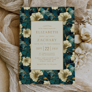 Invitación Elegante Boda floral oscuro crema Verde azulada do
