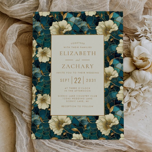 Invitación Elegante Boda floral oscuro crema Verde azulada do (Subido por el creador)
