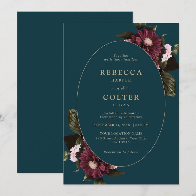 Invitación Elegante Boda floral oscuro Verde azulado de Borgo (Anverso / Reverso)