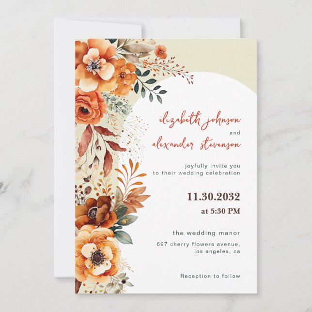 Invitación Elegante boda floral otoñal 1 foto (Anverso)