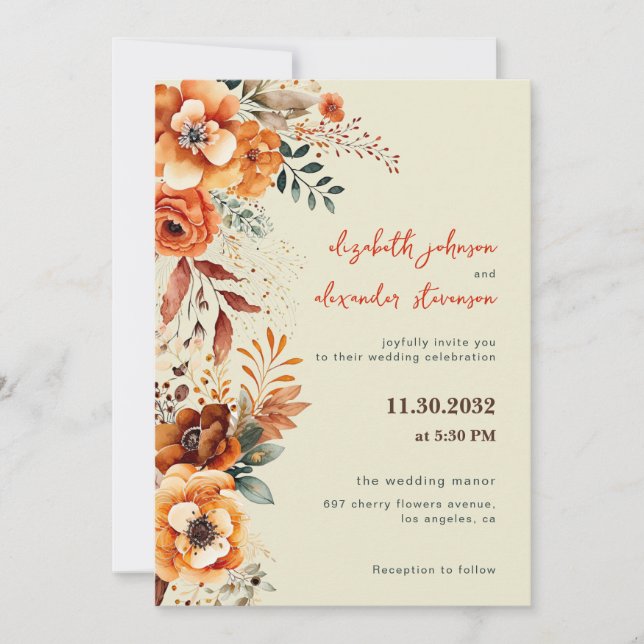 Invitación Elegante boda floral otoñal 1 foto (Anverso)