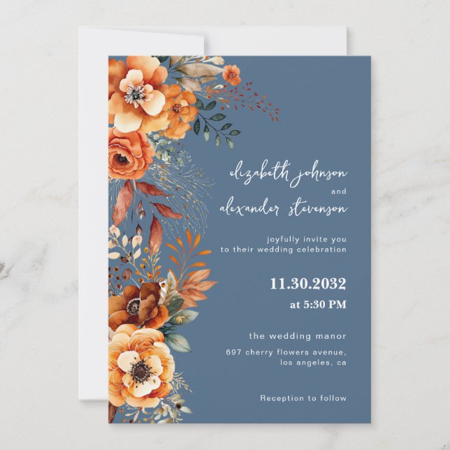 Invitación Elegante boda floral otoñal 1 foto azul (Anverso)