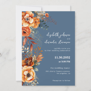 Invitación Elegante boda floral otoñal 1 foto azul