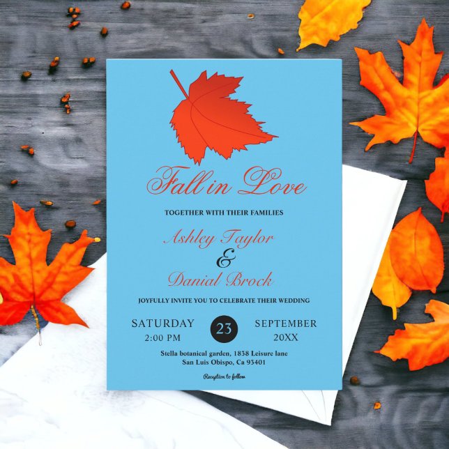Invitación Elegante Boda floral otoño de hojas rojas azules o (Subido por el creador)