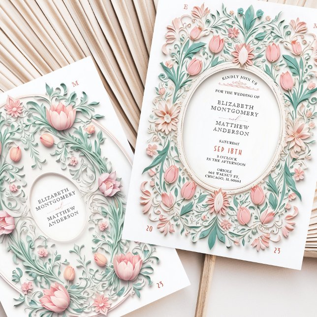 Invitación Elegante Boda Floral Pastel Faux Papercut (Subido por el creador)