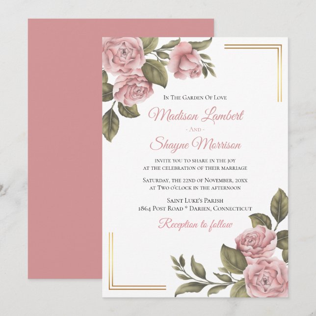 Invitación Elegante Boda floral peolino rosado primavera botá (Anverso / Reverso)