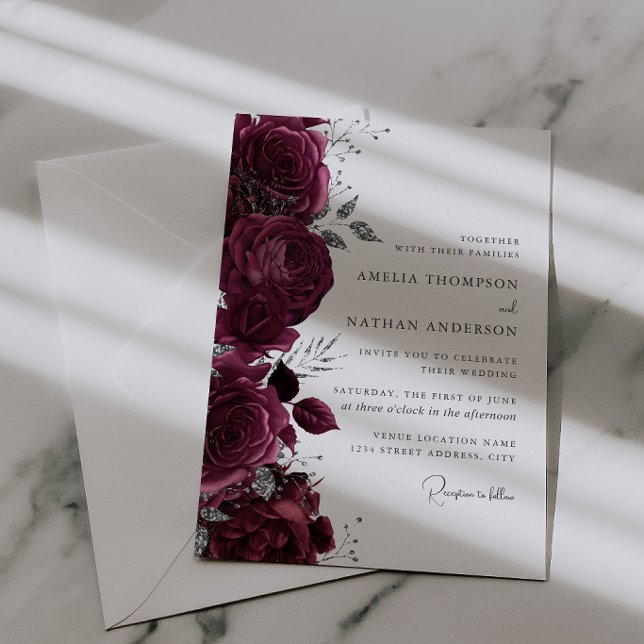 Invitación Elegante Boda Floral Plateada de Borgoña (Subido por el creador)