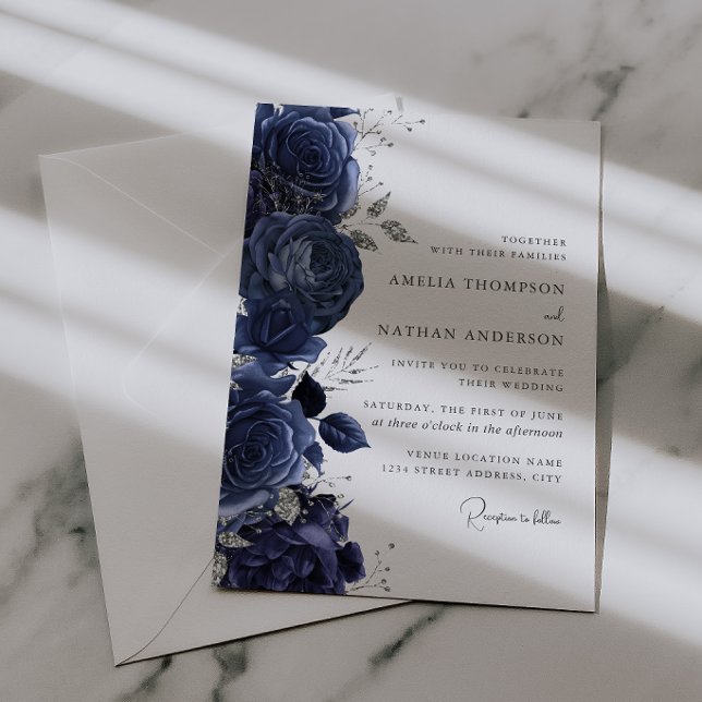 Invitación Elegante boda floral plateada de Navy (Subido por el creador)