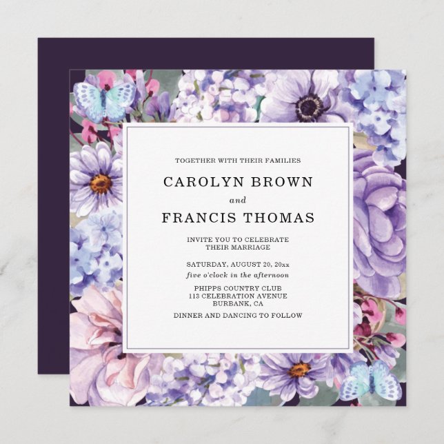 Invitación Elegante Boda Floral Purple Watercolor (Anverso / Reverso)