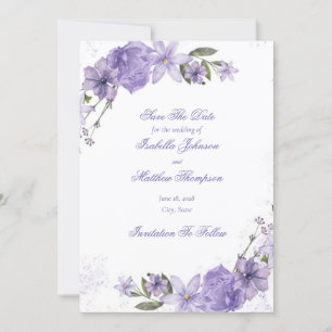 Invitación Elegante Boda Floral Púrpura Salva La Fecha