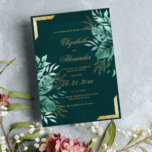 Invitación Elegante boda floral purpurina de oro verde tropic