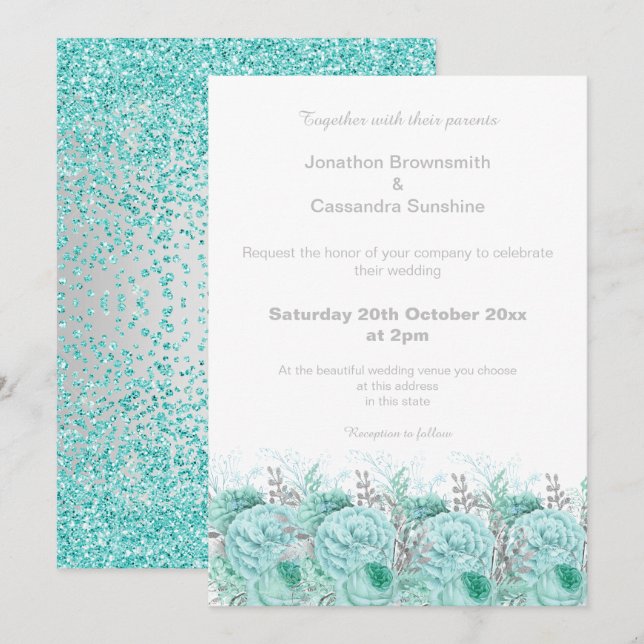 INVITACIÓN ELEGANTE BODA FLORAL PURPURINA DE PLATA AQUA (Anverso / Reverso)