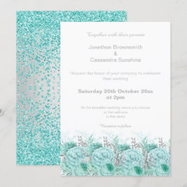 INVITACIÓN ELEGANTE BODA FLORAL PURPURINA DE PLATA AQUA