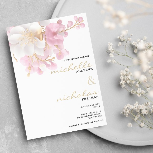 Invitación Elegante boda floral purpurina dorado blanco rosa (Elegant white gold pink glitter floral wedding)
