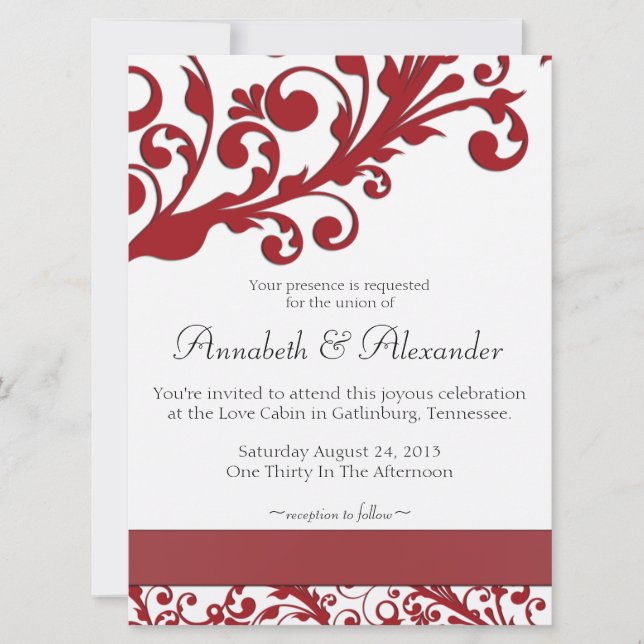 Invitación Elegante Boda Floral Rojo (Anverso)