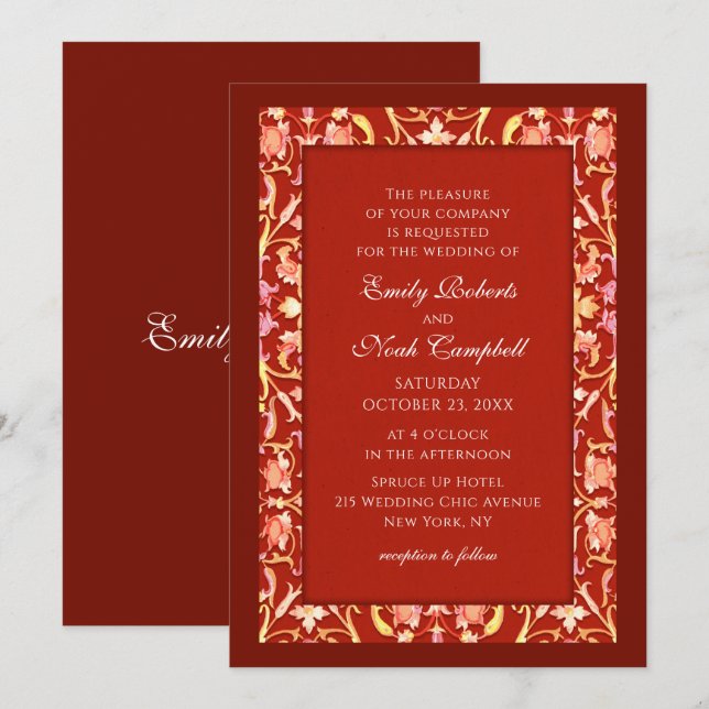 Invitación Elegante Boda floral rojo borgoña (Anverso / Reverso)