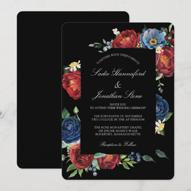 Invitación Elegante Boda Floral Rojo Borgoña Azul de la Marin (Anverso / Reverso)