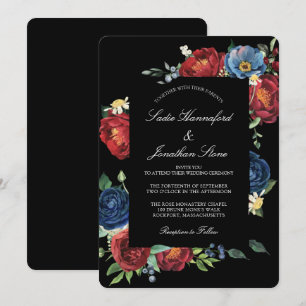 Invitación Elegante Boda Floral Rojo Borgoña Azul de la Marin