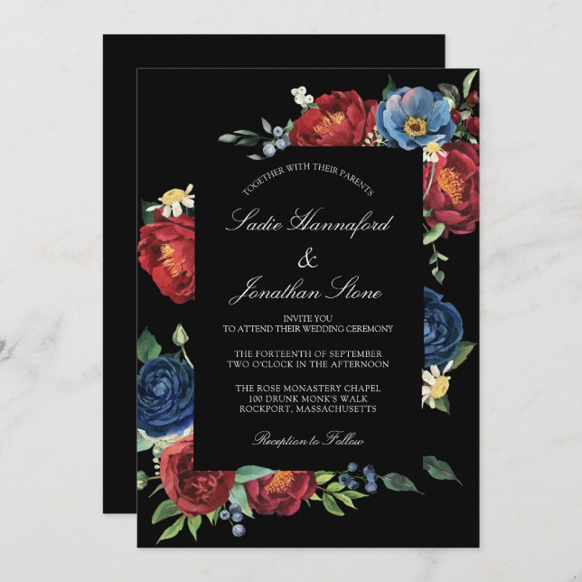 Invitación Elegante Boda Floral Rojo Borgoña Azul de la Marin (Anverso / Reverso)