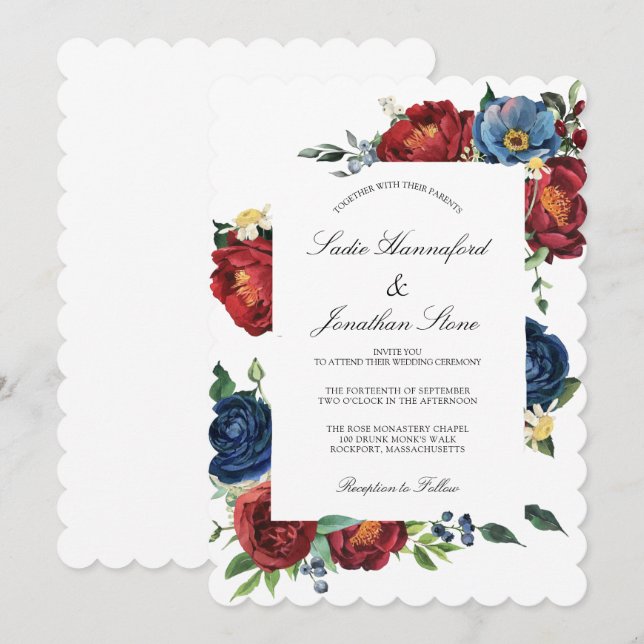 Invitación Elegante Boda Floral Rojo Borgoña Azul de la Marin (Anverso / Reverso)