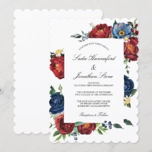 Invitación Elegante Boda Floral Rojo Borgoña Azul de la Marin