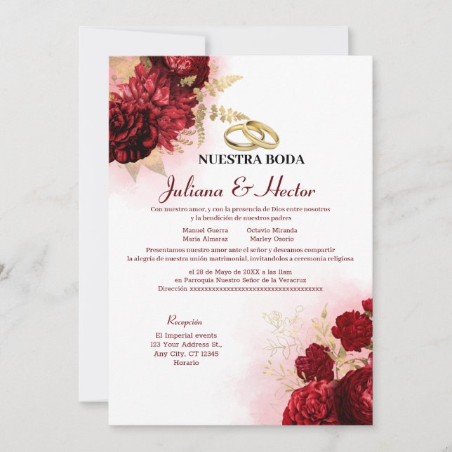 Invitación Elegante Boda floral rojo de Nuestra Boda (Anverso)