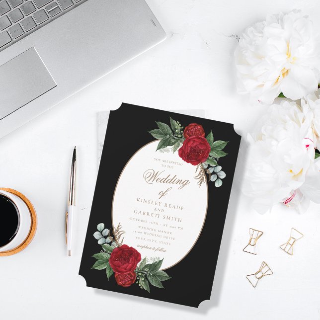 Invitación Elegante Boda floral rojo negro y dorado (Subido por el creador)