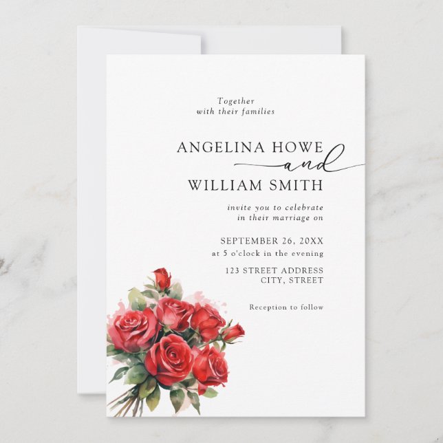 Invitación Elegante Boda Floral Rojo Rosa (Anverso)