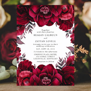 Invitación Elegante Boda Floral Romántica Rojo Carmesí Profun