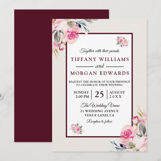 Invitación Elegante Boda floral romántico de Borgoña Rubor (Anverso / Reverso)