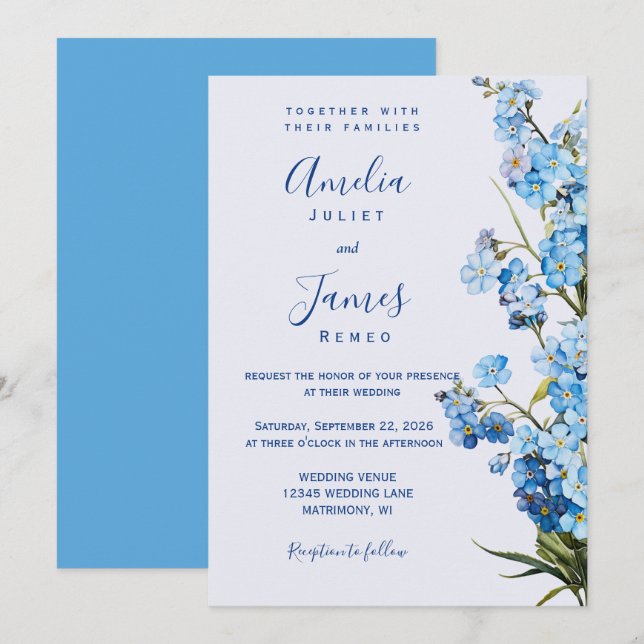 Invitación Elegante Boda floral romántico "Olvidémonos No" (Anverso / Reverso)