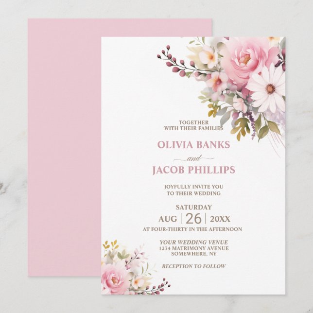 Invitación Elegante Boda floral rosa (Anverso / Reverso)
