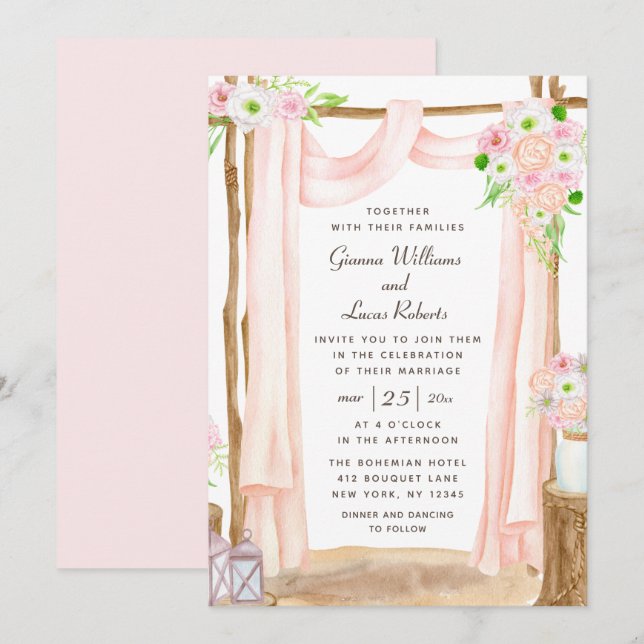 Invitación Elegante Boda floral rosa acuarela exterior (Anverso / Reverso)