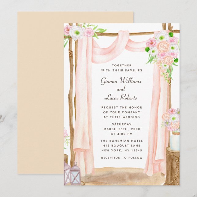 Invitación Elegante Boda floral rosa acuarela exterior (Anverso / Reverso)