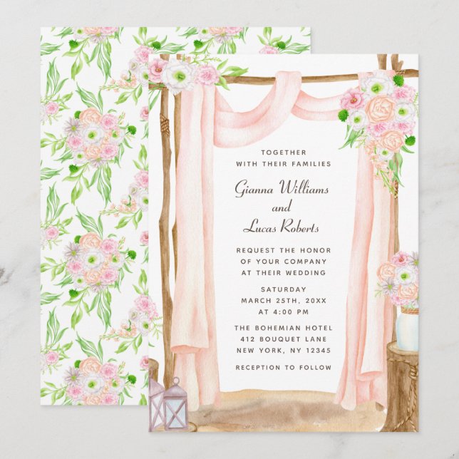 Invitación Elegante Boda floral rosa acuarela exterior (Anverso / Reverso)