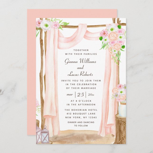 Invitación Elegante Boda floral rosa acuarela exterior (Anverso / Reverso)