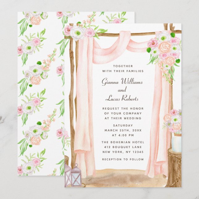 Invitación Elegante Boda floral rosa acuarela exterior (Anverso / Reverso)