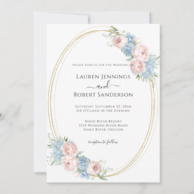 Invitación Elegante Boda floral rosa azul (Anverso)