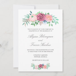 Invitación Elegante Boda floral rosa azul turbio