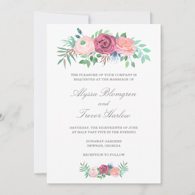 Invitación Elegante Boda floral rosa azul turbio (Anverso)