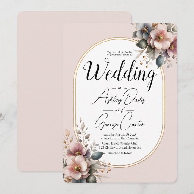 Invitación Elegante boda floral rosa, azul y crema (Anverso / Reverso)
