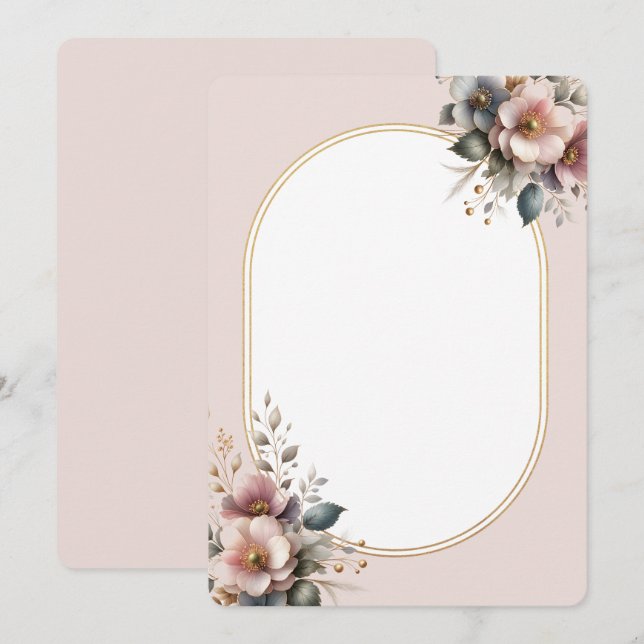 Invitación Elegante boda floral rosa, azul y crema (Anverso / Reverso)