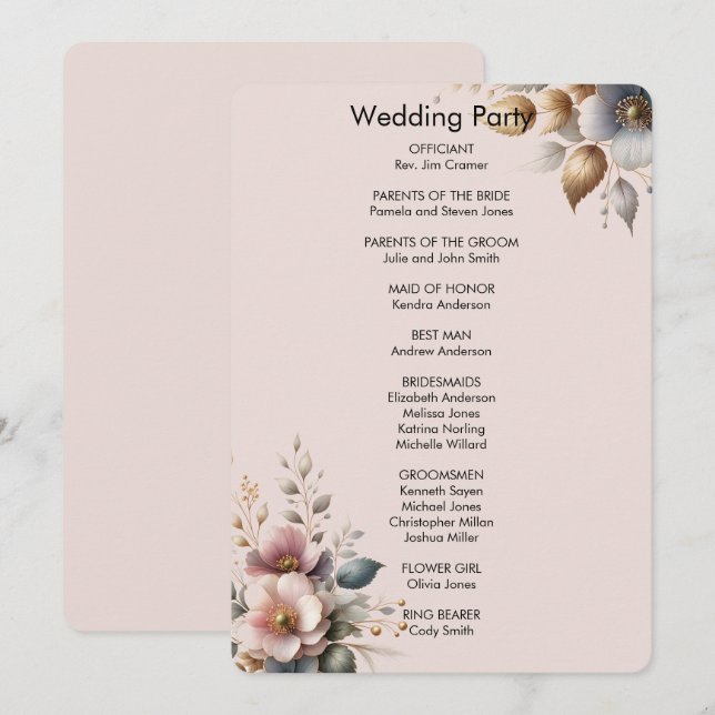 Invitación Elegante boda floral rosa, azul y crema (Anverso / Reverso)