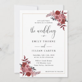 Invitación Elegante Boda Floral Rosa Borgona